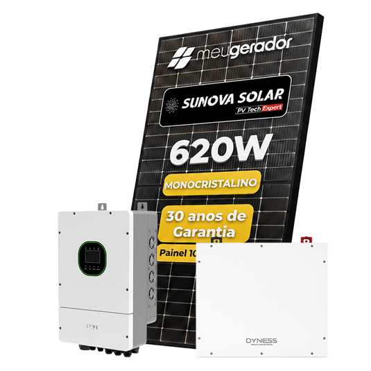 Kit Energia Solar Híbrido 500kWh Mês 3,72kWp 6 Painel Sunova 620W Inversor Saj 5kW 220V Bateria Dyness 5,12kWh SAJ