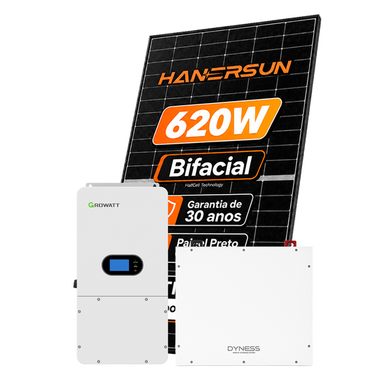 Kit Energia Solar Híbrido 1400kWh Mês 10,54kWp 17 Painel Bifacial Hanersun 620W Inversor Growatt 10KW 110/220V ( SplitPhase ) Bateria Dyness 5,12kWh GROWATT