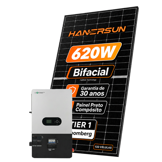 Kit Energia Solar Híbrido 1300kWh Mês 9,92KWP 16 Painel Bifacial Hanersun 620W Inversor Luxpower 10KW 110/220V ( SplitPhase ) LUXPOWER