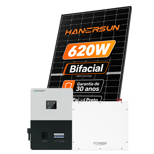 Kit Energia Solar Híbrido 400kWh Mês 3,10KWP 5 Painel Bifacial Hanersun 620W Inversor Luxpower 5KW 110/220V ( SplitPhase ) Dyness 5,12kWh LUXPOWER