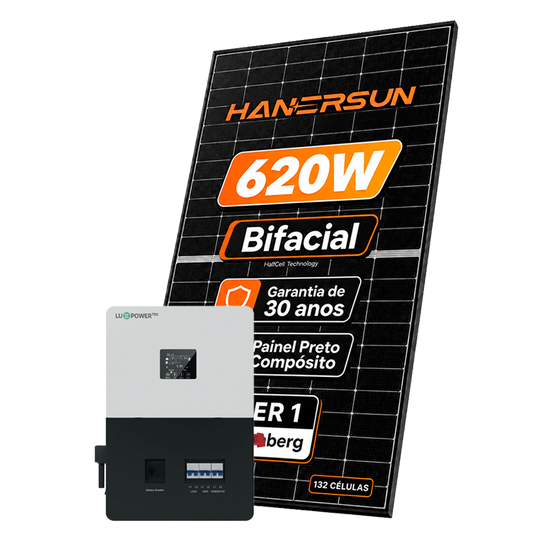 Kit Energia Solar Híbrido 400kWh Mês 3,10KWP 5 Painel Bifacial Hanersun 620W Inversor Luxpower 5KW 110/220V ( SplitPhase ) LUXPOWER