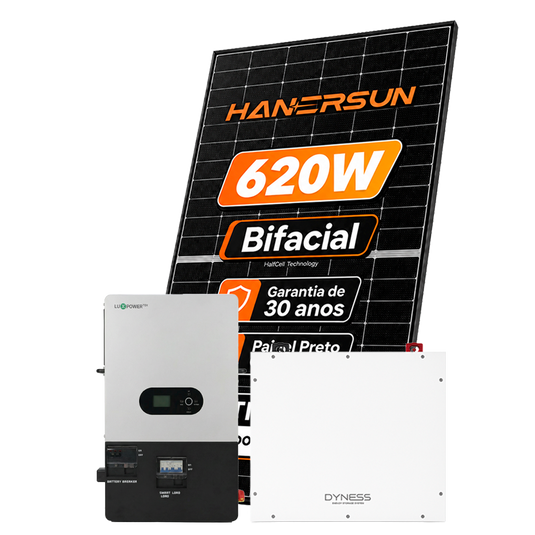 Kit Energia Solar Híbrido 1300kWh Mês 9,92KWP 16 Painel Bifacial Hanersun 620W Inversor Luxpower 10KW 110/220V ( SplitPhase ) Bateria Dyness 5,12kWh LUXPOWER