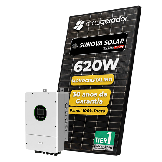 Kit Energia Solar Híbrido 600kWh Mês 4,96kWp 8 Painel Sunova 620W Inversor Saj 5kW 220V SAJ