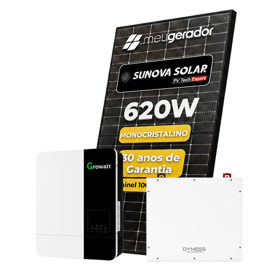 Kit Energia Solar Offgrid 2,48kWp 4 Painel Sunova 620W Inversor Growatt 5kW 220V Bateria Dyness 5,12kWh GROWATT