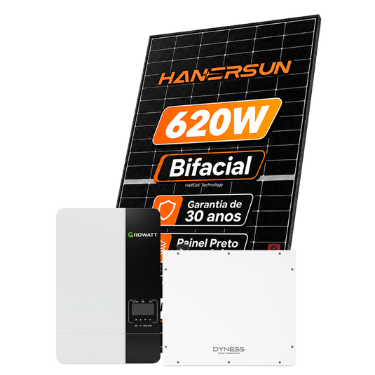 Kit Energia Solar Offgrid 2,48kWp até 330kWh Mês Aprox. 4 Painel Bifacial Hanersun 620W Inversor Growatt 5kW 220V Bateria Dyness 5,12kWh