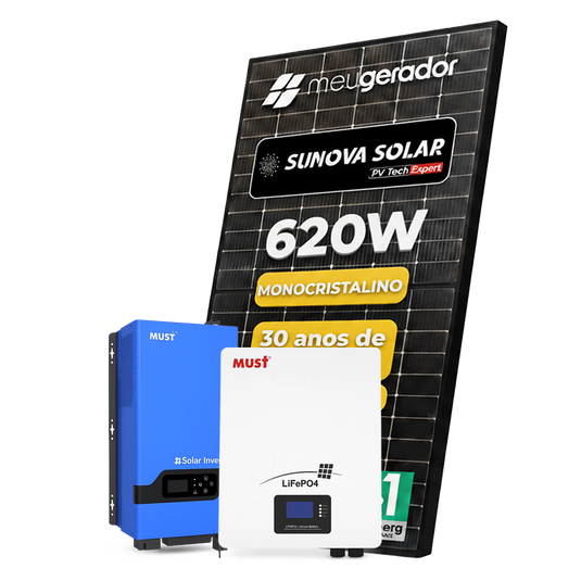 Kit Energia Solar Offgrid 2,48kWp 4 Painel Sunova 620W Inversor Must 5kW 110V Bateria Lítio 5,12kWh MUST