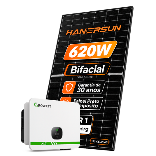 Kit Energia Solar Ongrid 2100kWh Mês 16,12kWp 26 Painel Bifacial Hanersun 620W Inversor Growatt 20kW Trifásico 220V 4MPPT GROWATT