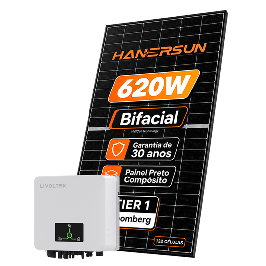 Kit Energia Solar Ongrid 1000kWh Mês 7,44kWp 12 Painel Bifacial Hanersun 620W Inversor Livoltek 6kW 220V 2MPPT LIVOLTEK