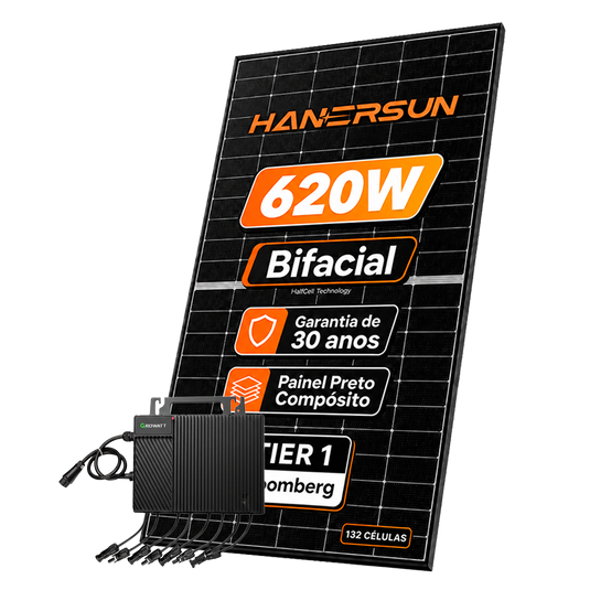 Kit Energia Solar Ongrid 800kWh Mês 6,20kWp 10 Painel Bifacial Sunova 620W Micro Growatt 6,75kW 220V 12MPPT GROWATT