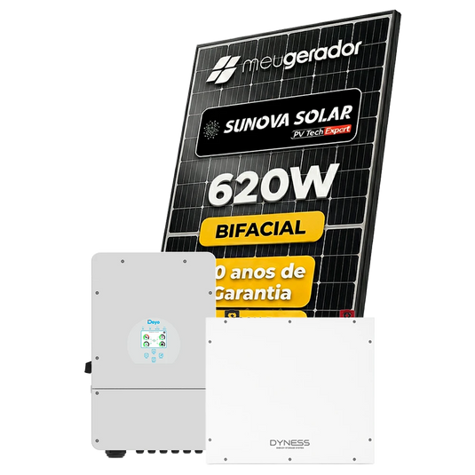 Kit Energia Solar Híbrido 1300kWh Mês 9,92kWp 16 Painel Sunova 620W Full Black Deye 8KW 220V Bateria Dyness 5,12KWH DEYE