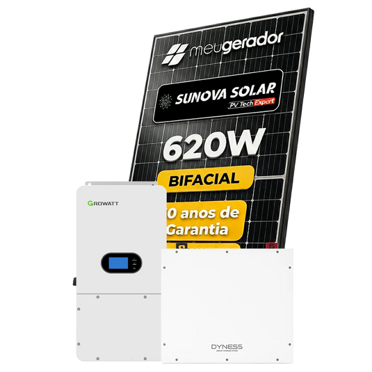 Kit Energia Solar Híbrido 900kWh Mês 6,82kWp 11 Painel Sunova 620W Inversor Growatt 10KW 110/220V ( SplitPhase ) Bateria Dyness 5,12kWh GROWATT