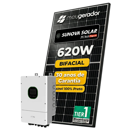 Kit Energia Solar Híbrido 1700kWh Mês 13,02kWp 21 Painel Sunova 620W Inversor Saj 7,5kW 220V SAJ