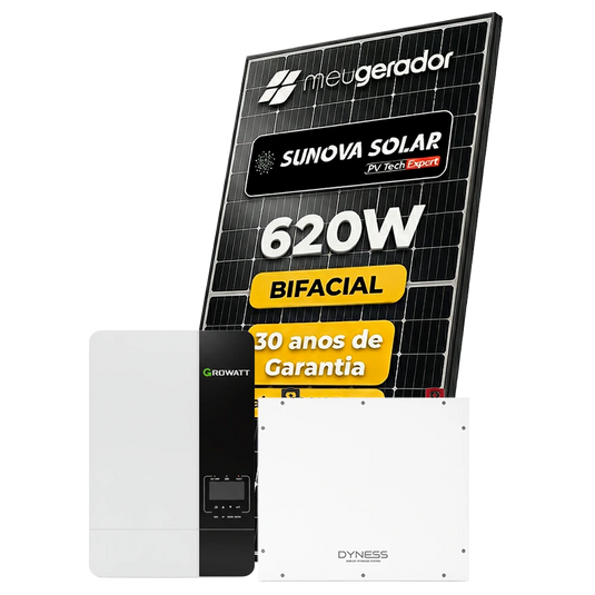 Kit Energia Solar Offgrid 12,40kWp até 1650kWh Mês Aprox. 20 Painel Sunova 620W Inversor Growatt 10kW 220V Bateria Dyness 10,24kWh GROWATT