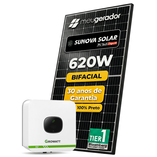 Kit Energia Solar Ongrid 1000kWh Mês 7,44kWp 12 Painel Sunova 620W Inversor Growatt 6kW X2 220V 2MPPT GROWATT