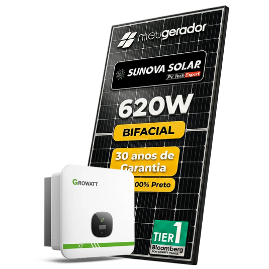 Kit Energia Solar Ongrid 1400kWh Mês 10,54kWp 17 Painel Sunova 620W Inversor Growatt X2 7,5kW 220V 2MPPT (FASTTRACK) GROWATT
