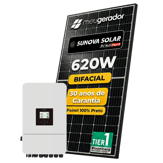 Kit Energia Solar Híbrido 1000kWh Mês 7,44kWp 12 Painel Bifacial Sunova 620W Inversor Deye 5KW 220V DEYE