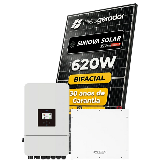 Kit Energia Solar Híbrido 1400kWh Mês 10,54kWp 17 Painel Bifacial Sunova 620W Inversor Deye 8KW 220V Bateria Dyness 5,12KWH DEYE