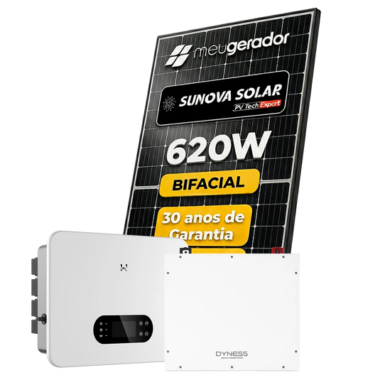 Kit Energia Solar Híbrido 700kWh Mês 5,58KWP 9 Painel Bifacial Sunova 620W Inversor Goodwe 10kW 110/220V ( SplitPhase ) 2MPPT Dyness 5,12kWh GOODWE