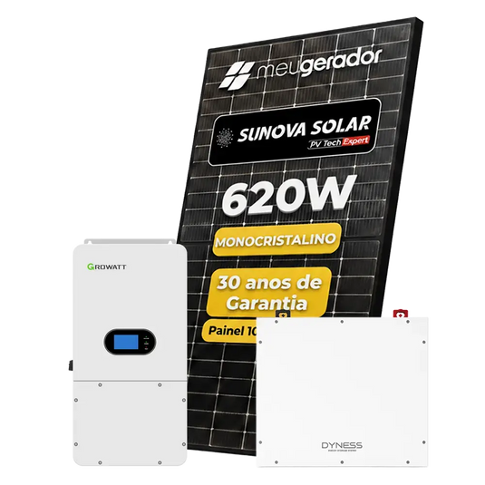 Kit Energia Solar Híbrido 2000kWh Mês 14,88kWp 24 Painel Sunova 620W Inversor Growatt 10KW 110/220V ( SplitPhase ) Bateria Dyness 5,12kWh GROWATT
