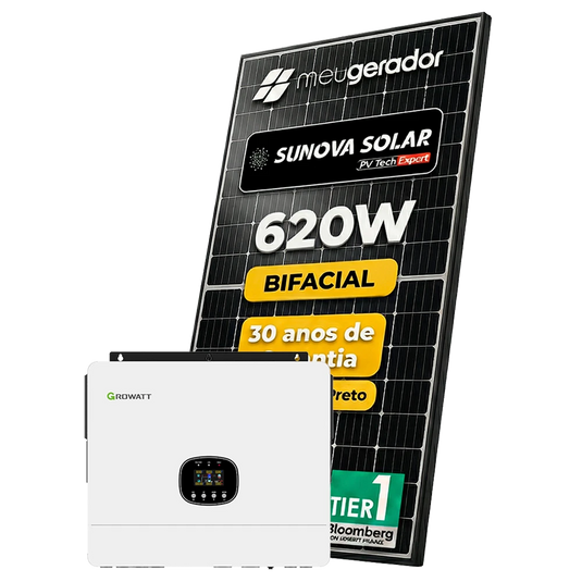 Kit Energia Solar Híbrido 550kWh Mês 4,34kWp 7 Painel Bifacial Sunova 620W Inversor Growatt 7,5kW 110/220V ( SplitPhase + Fasttrack ) 2MPPT GROWATT