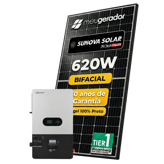 Kit Energia Solar Híbrido 2200kWh Mês 16,74KWP 27 Painel Bifacial Sunova 620W Inversor Luxpower 10KW 110/220V ( SplitPhase ) LUXPOWER