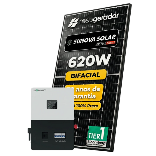 Kit Energia Solar Híbrido 600kWh Mês 4,96KWP 8 Painel Bifacial Sunova 620W Inversor Luxpower 10KW 110/220V ( SplitPhase ) LUXPOWER