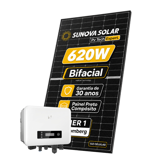 Kit Energia Solar Ongrid 250kWh Mês 1,86kWp 3 Painel Bifacial Sunova 620W Inversor Goodwe 3,3kW 220V 1MPPT GOODWE