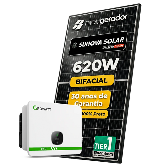 Kit Energia Solar Ongrid 4300kWh Mês 32,24kWp 52 Painel Sunova 620W Inversor GROWATT 20KW Trifásico 380V 2MPPT GROWATT