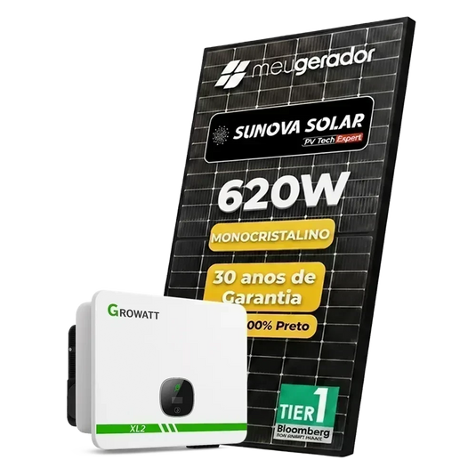 Kit Energia Solar Ongrid 3300kWh Mês 24,80kWp 40 Painel Sunova 620W Inversor Growatt 25kW Trifásico 220V 4MPPT GROWATT