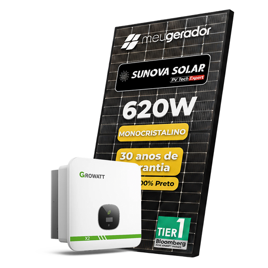 Kit Energia Solar Ongrid 700kWh Mês 5,58kWp 9 Painel Sunova 620W Inversor Growatt X2 7,5kW 220V 2MPPT (FASTTRACK) GROWATT