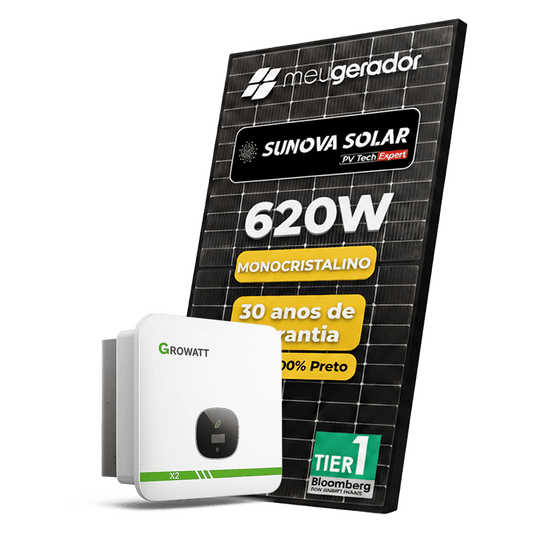 Kit Energia Solar Ongrid 700kWh Mês 5,58kWp 9 Painel Sunova 620W Inversor Growatt X2 7,5kW 220V 2MPPT (FASTTRACK) GROWATT