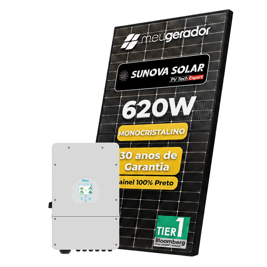 Kit Energia Solar Híbrido 500kWh Mês 3,72kWp 6 Painel Sunova 620W Inversor Deye 5kW 110/220V 2MPPT DEYE