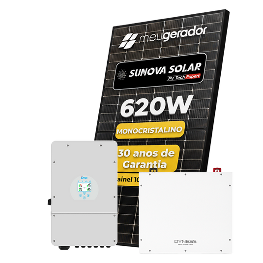 Kit Energia Solar Híbrido 500kWh Mês 3,72kWp 6 Painel Sunova 620W Inversor Deye 5kW 110/220V Bateria Dyness 5,12kWh DEYE