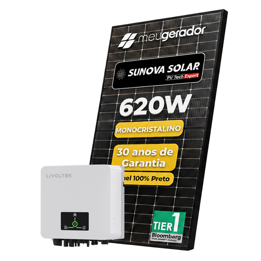 Kit Energia Solar Ongrid 500kWh Mês 3,72kWp 6 Painel Sunova 620W Inversor Livoltek 3,3kW 220V 1MPPT LIVOLTEK