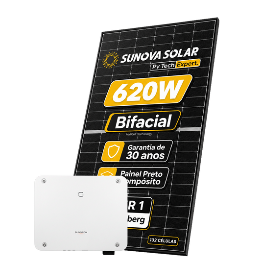 Kit Energia Solar Ongrid 600kWh Mês 4,96kWp 8 Painel Bifacial Sunova 620W Inversor Sungrow 5kW 220V 2MPPT SUNGROW