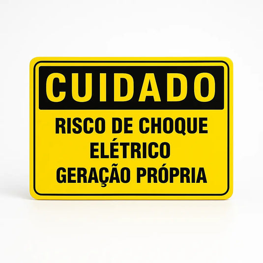 Placa Cuidado Geração Própria – Risco de Choque Elétrico 25x18cm MEUGERADOR