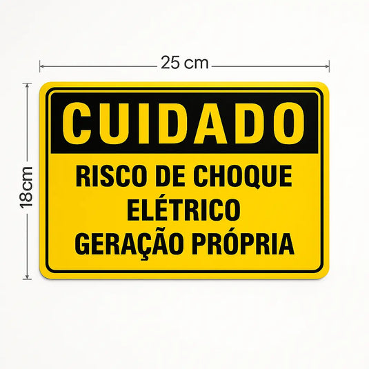 Placa Cuidado Geração Própria – Risco de Choque Elétrico 25x18cm MEUGERADOR
