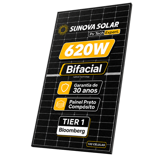 PAINEL SOLAR SUNOVA 620W BIFACIAL MONOCRISTALINO HALF CELL NTYPE SS-BG620-66MDH-G11(T) SUNOVA