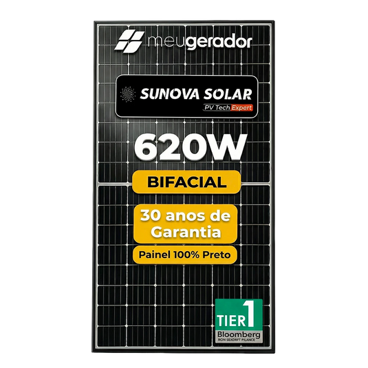 Painel Solar 620w Bifacial Preto Sunova Monocristalino Halfcell Ntype 132 Células SUNOVA