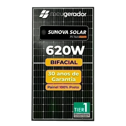 Painel Solar 620w Bifacial Preto Sunova Monocristalino Halfcell Ntype 132 Células SUNOVA