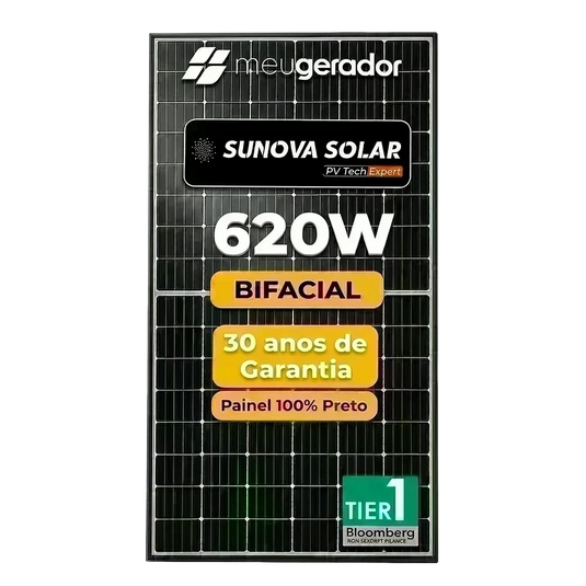 Painel Solar 620w Bifacial Preto Sunova Monocristalino Halfcell Ntype 132 Células SUNOVA