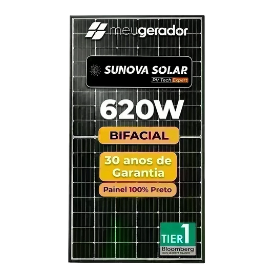 Painel Solar 620w Bifacial Preto Sunova Monocristalino Halfcell Ntype 132 Células SUNOVA