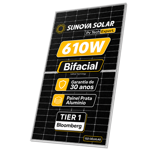Painel Solar 610W Sunova Bifacial Monocristalino HalfCell Ntype SUNOVA