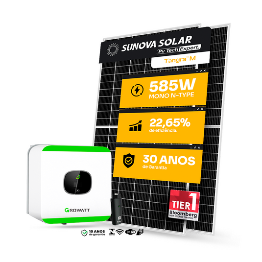 KIT ENERGIA SOLAR ONGRID 300KWH MÊS 2,34KWP 4 PAINEL SUNOVA 585W INVERSOR GROWATT 3KW 220V 1MPPT