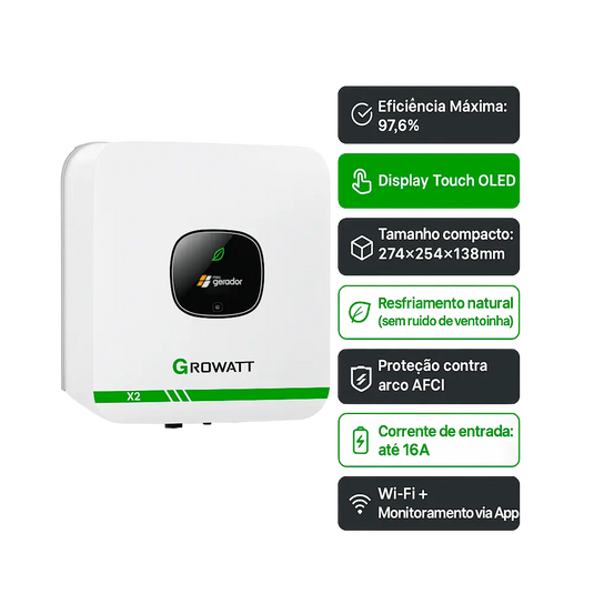 Inversor Solar Growatt Ongrid 3kW X2 MIC3000TL-X2 220V 1MPPT Monitoramento Wifi C/ AFCI GROWATT