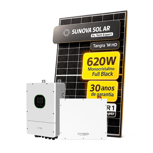 Kit Energia Solar Híbrido 500kWh Mês 3,72kWp 6 Painel Sunova 620W Inversor Saj 5kW 220V Bateria Dyness 5,12kWh SAJ