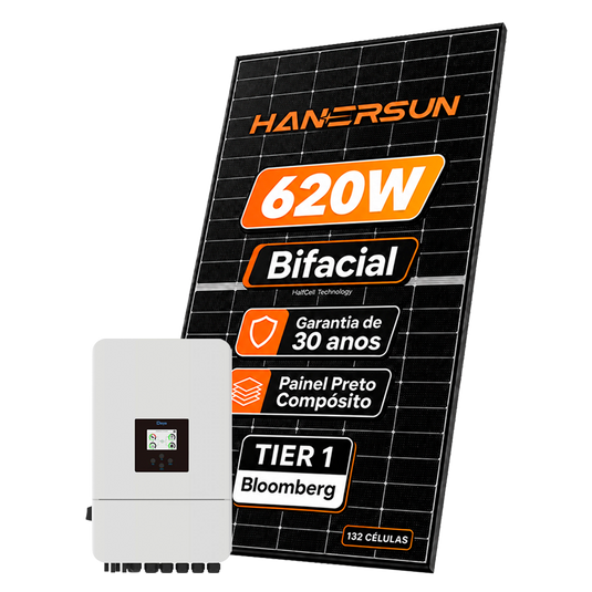 Kit Energia Solar Híbrido 1000kWh Mês 7,44kWp 12 Painel Bifacial Hanersun 620W Inversor Deye 10kW 220V 2MPPT DEYE