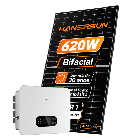 Kit Energia Solar Híbrido 1000kWh Mês 7,44KWP 12 Painel Bifacial Hanersun 620W Inversor Goodwe 10kW 110/220V ( SplitPhase ) 2MPPT GOODWE