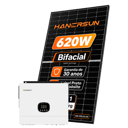 Kit Energia Solar Híbrido 1300kWh Mês 9,92kWp 16 Painel Bifacial Hanersun 620W Inversor Growatt 7,5kW 110/220V ( SplitPhase + Fasttrack ) 2MPPT GROWATT