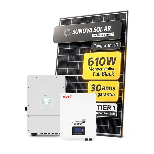Kit Energia Solar Híbrido 600kWh Mês 4,88kWp 8 Painel Sunova 610W Inversor Deye 5kW 110/220V Bateria Must 10,24kWh DEYE